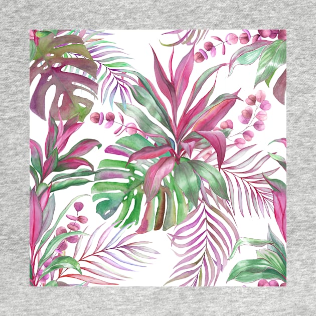 Tropical colorful watercolor leaves composition. Exotic Monstera, cordyline, eucalyptus leaves summer print by likapix